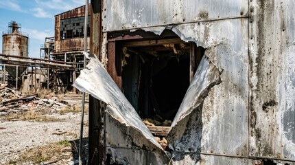 Fototapeta premium Ruined industrial structure with damaged metal exterior and dark interior opening