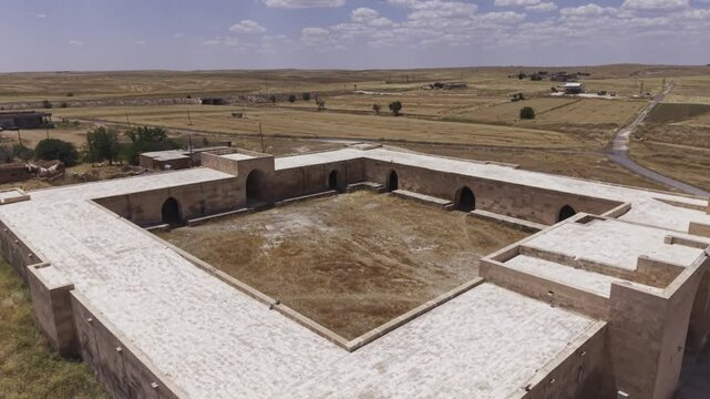 Cinematic View of the Historic Han El Barur Caravanserai Near Harran in Sanliurfa, Turkey