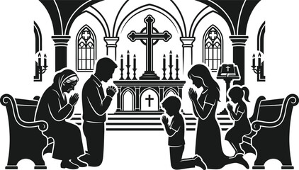 Fototapeta premium Silhouette of family praying together in church with altar and cross on white background in Gothic style
