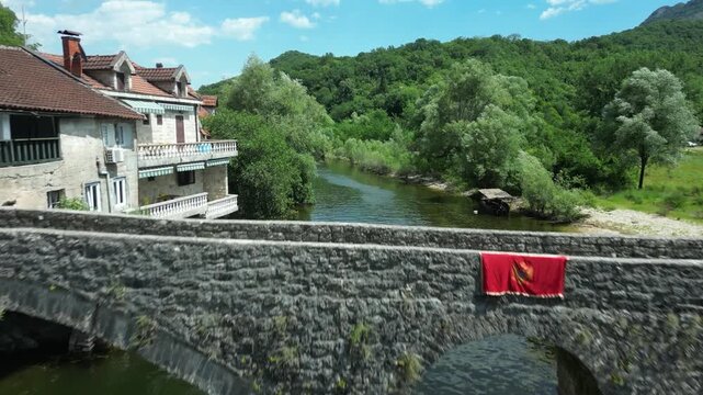 Aerial view of the stone bridge in Rijeka Crnojevica, Montenegro