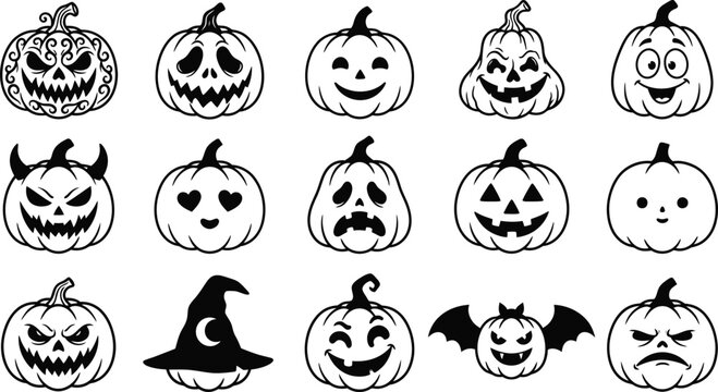 Set of halloween pumpkin line art and silhouette icons with varied expressions halloween seasonal