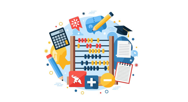 Mathematics and Education Concept Flat Vector Illustration Featuring Abacus, Calculator, Stationery, and Graduation Symbols for Academic Learning and Schooling