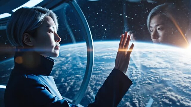 Woman touches spaceship window viewing Earth from space station. Astronaut looks at planet through spacecraft window. Female touches glass seeing Earth in spaceship. Woman observes Earth from orbit.