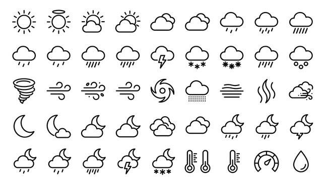 Comprehensive set of minimalist weather icons featuring sun rain and clouds in a clean linear style