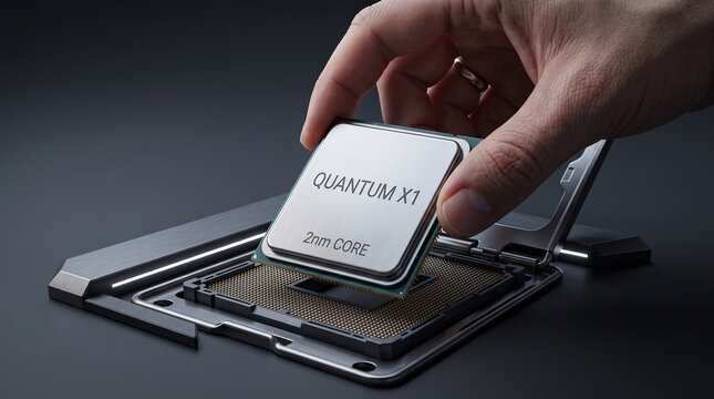 Hand holding Intel Core i9 processor, Quantum X1 chip, CPU installation