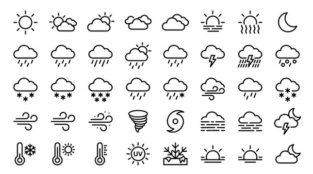 Comprehensive set of minimalist weather icons featuring various climate conditions and atmospheric phenomena in a clean black and white line art style