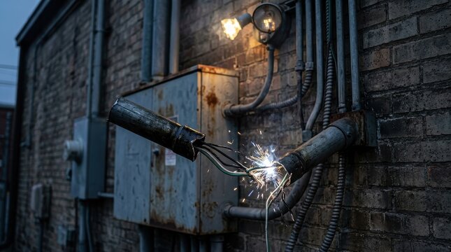 Dangerous electrical arc from exposed wires sparks near an old industrial fuse box with a glowing lightbulb overhead