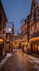 Fototapeta premium Charming European old town street decorated for Christmas, glowing festive lights, cozy cafés, gentle snowfall, cobblestone pavement reflecting warm lights, magical evening atmosphere, realistic trave
