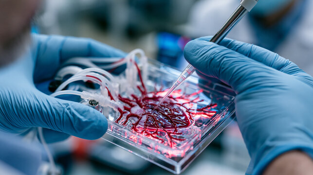 Pharmaceutical researcher loading miniaturized organ-on-chip cardiac tissue module into testing rig to evaluate drug toxicity without animal subjects, peristaltic pump connections and live cell imag