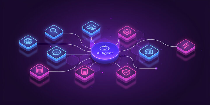 Ai agent concept with digital icons connected in a network diagram showing artificial intelligence technology and machine learning data processing on a dark purple neon background