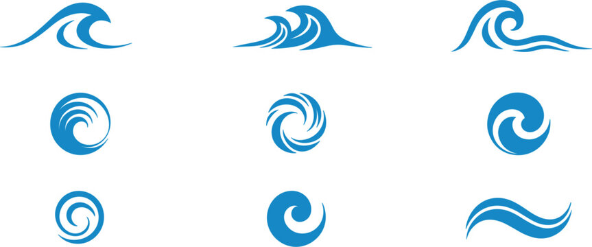 Blue ocean wave icon set for surf logo, marine splash swirl symbol vector illustration element