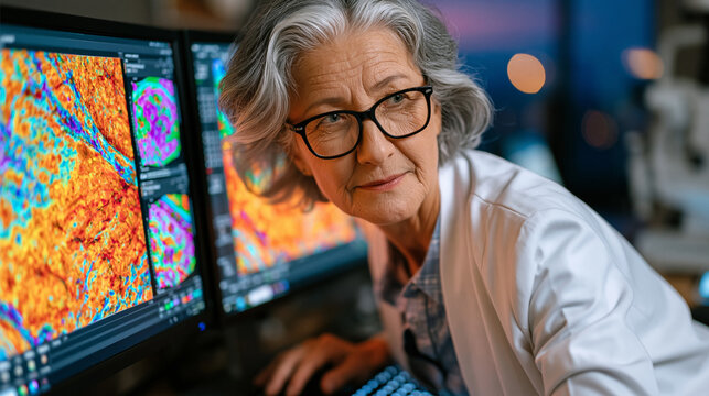 Retina specialist reviewing AI-assisted age-related macular degeneration progression model comparing serial optical coherence tomography scans on dual monitor diagnostic workstation, drusen volume q