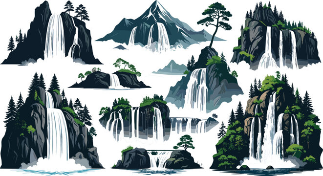 Scenic mountain waterfall vector icon collection with cascading river streams rocky cliff peaks green pine trees and wild nature landscape design elements