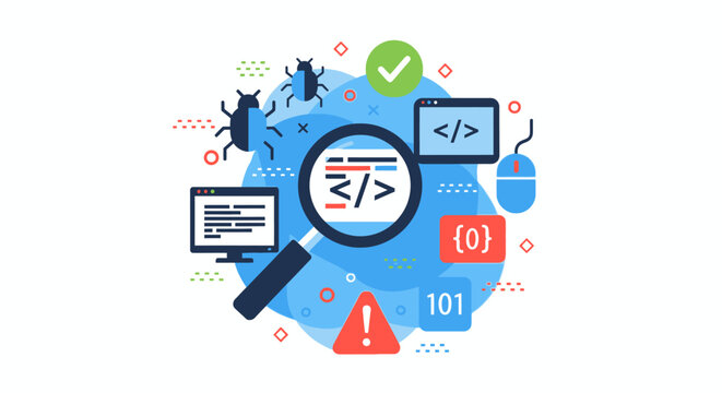 Software Testing and Debugging Concept Illustration - Quality Assurance, Code Analysis, and Web Development Bug Fixing Vector