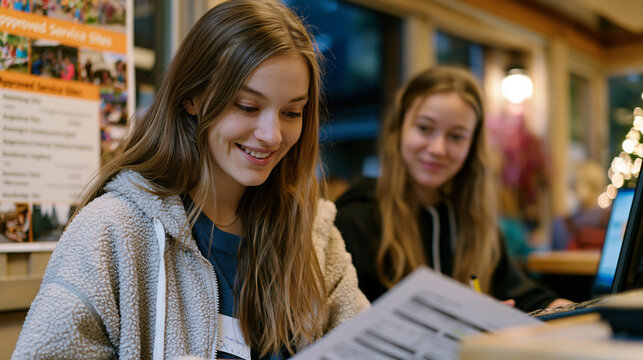 Student volunteer program coordinator reviews hours documentation with a nervous college freshman at a nonprofit intake desk, a poster listing approved service sites covering the wall nearby, the in