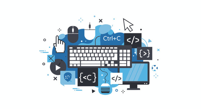 Modern flat vector illustration representing web development, software engineering, and digital technology icons including keyboard, mouse, monitor, and coding tags.