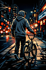 Obraz premium Young Cyclist Walking Through the City at Night