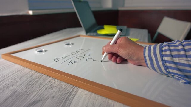 Undecided manager writes Monday morning schedule on whiteboard