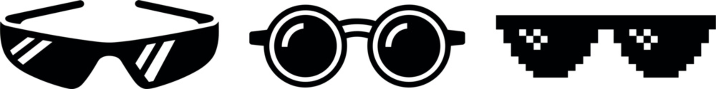 Sunglasses and pixel meme glasses icon set, black silhouette eyewear fashion accessory flat vector illustration
