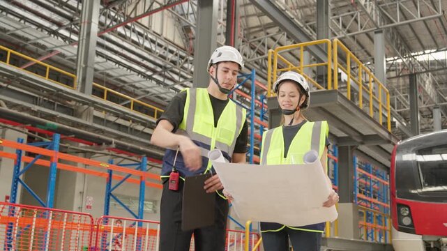 Two railway engineers meticulously review train blueprints amidst large industrial warehouse setting, featuring extensive equipment and shelving; wearing high-visibility vests and hard hats for enhanc