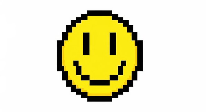 Yellow Pixel Art Smiley Face Icon Isolated on White Background Retro 8-bit Gaming Style Happy Emoji Illustration