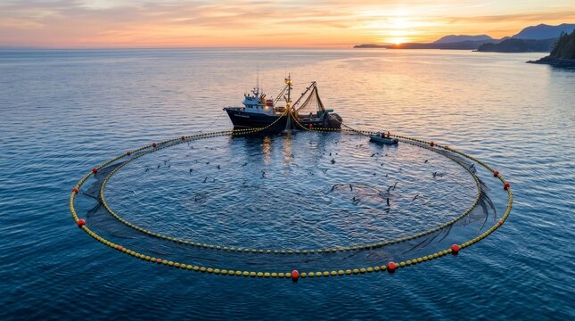 A fishing boat rests at sunset among large circular nets on the calm sea.