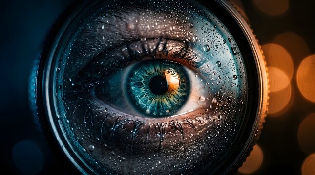 Macro close-up of a human eye looking through a camera lens with water droplets and bokeh