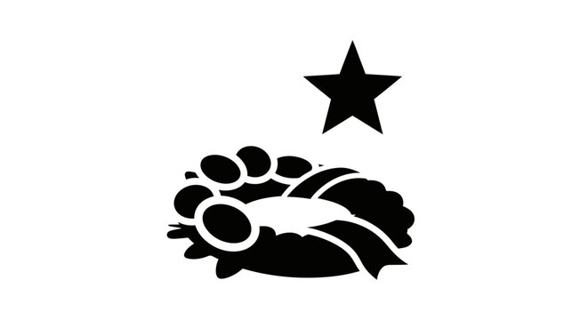 Black silhouette icon of a bird nest with eggs and a star.
