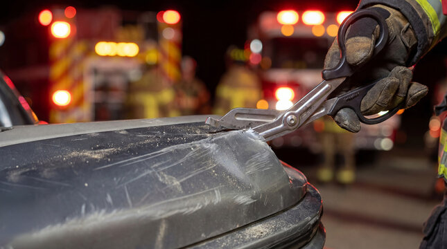Close-up of firefighter's cutting damaged vehicle bodywork with rescue shears during vehicle extrication after a traffic accident