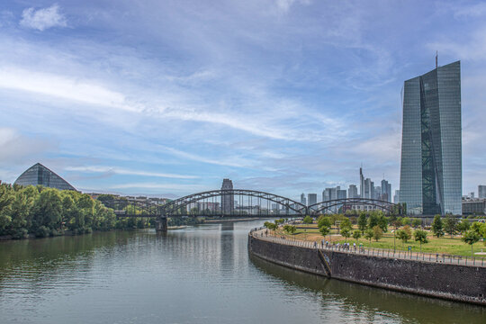 Frankfurt skyline with river main bridge and modern skyscrapers under blue sky at daytime
