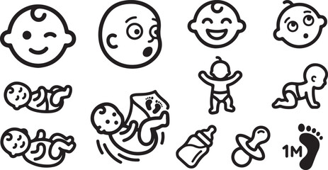 Obraz premium Set of cute baby icons and infant character illustrations in black line art style