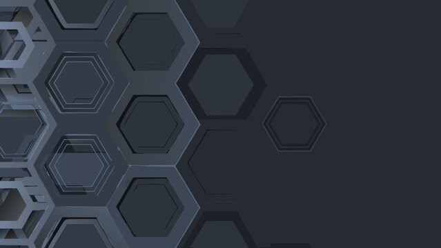 Dark gray hexagonal pattern with recessed lines creates a futuristic three dimensional background texture abstract black blueprint cellular