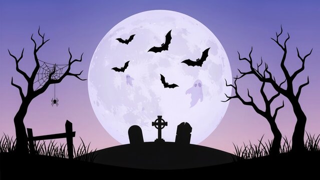 Spooky halloween night with full moon bats and graveyard silhouettes