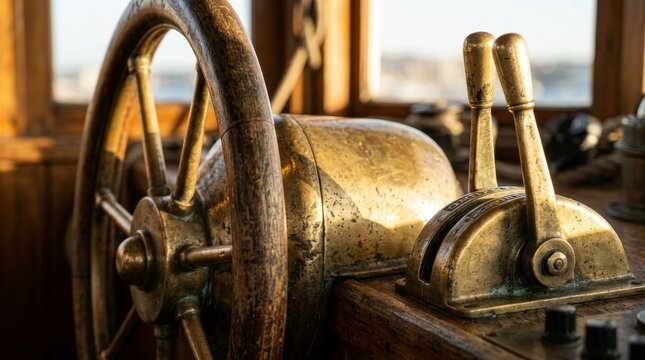 An old brass ship wheel rests inside a wooden cabin.