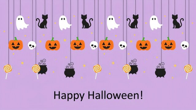 Halloween decorations with pumpkins ghosts and cats on purple background