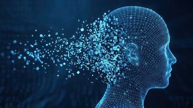Digital human head with data particles exploding from brain