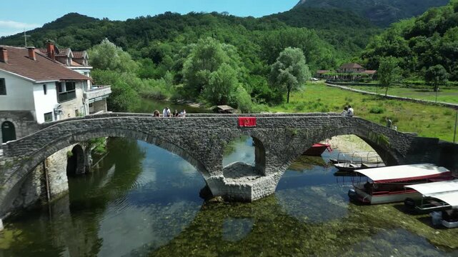 Aerial drone view of Rijeka Crnojevica stone bridge, Montenegro