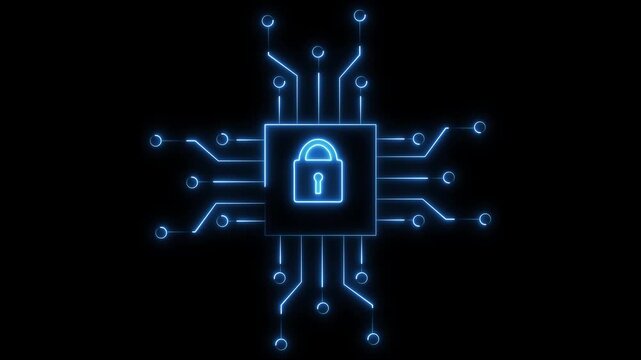 Neon padlock signals flashing on abstract processing unit. Padlock signals animation safeguards database encryption keys. Padlock signals reinforce corporate cyber safety.