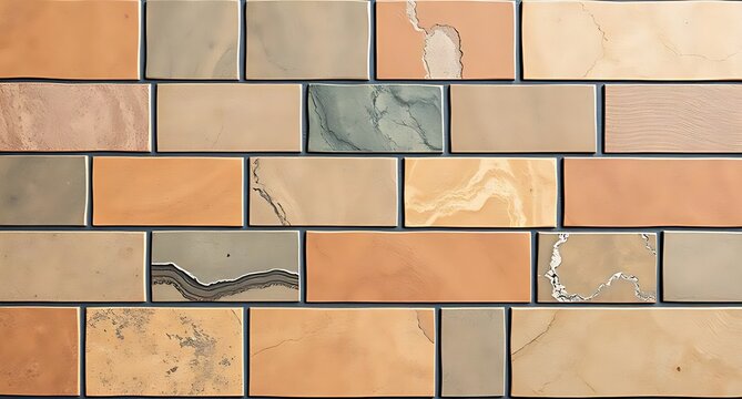 Elegant brick wall pattern featuring a mix of beige, brown, gray, and tan bricks with textured and smooth finishes, ideal for interior and exterior decor, adding timeless charm and durability 