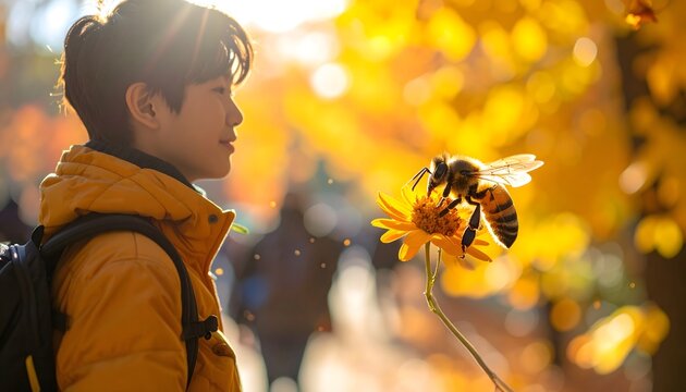 Boy and Honeybee in Golden Autumn Sunlight