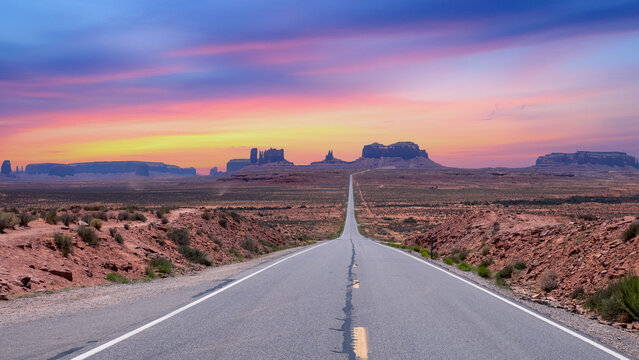 Scenic view of Monument Valley in Utah at twilight, United States.