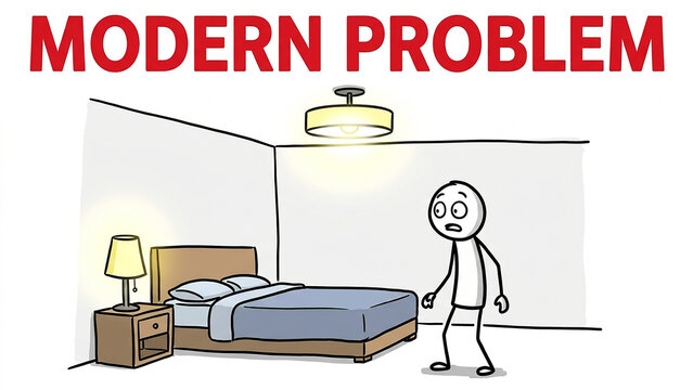 Modern Problem Illustration: A simple illustration depicts a man standing in a bedroom, looking bewildered by an unseen modern problem.