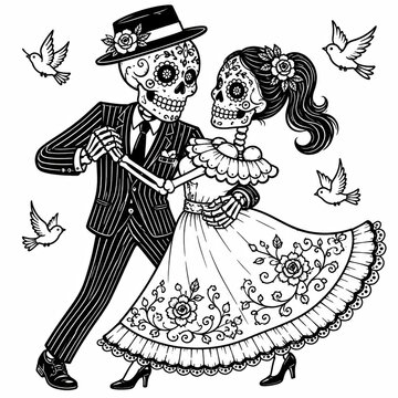 Couple of dancing skeletons dressed in wedding attire isolated on white background