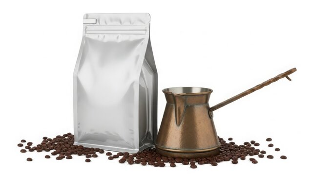 Coffee beans and traditional coffee pot isolated on white background