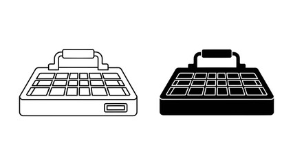 Portable Solar Panel Icon: A simple, clean vector graphic representing a portable solar panel, shown in both outline and solid black versions. © abidakhatun