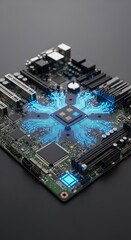 Fototapeta premium Close-up of a complex motherboard featuring glowing blue energy paths and microchips, showcasing advanced technology and digital power, server, network, fiber optics