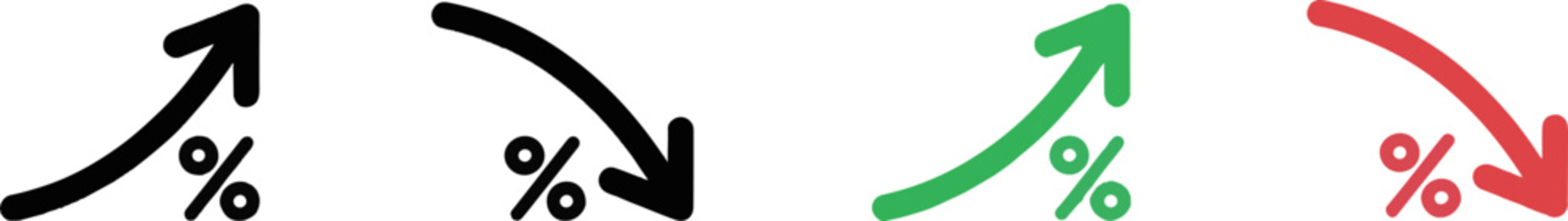Collection of percentage arrow icons showing increasing and decreasing market trends with percentage business increase decrease analysis economic