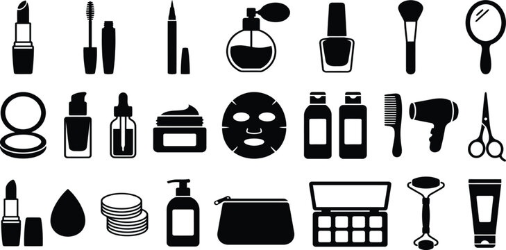 Beauty and cosmetics silhouette icon set for makeup and skincare
