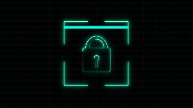 Secure digital padlock locks flash inside scanning frames. Padlock locks animation traces neon blue cybersecurity keys. Padlock locks shield corporate database infrastructure.