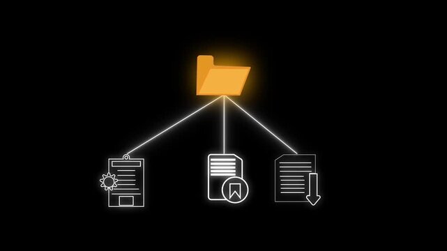 Folder icon with lines connecting to different document icons file data animation